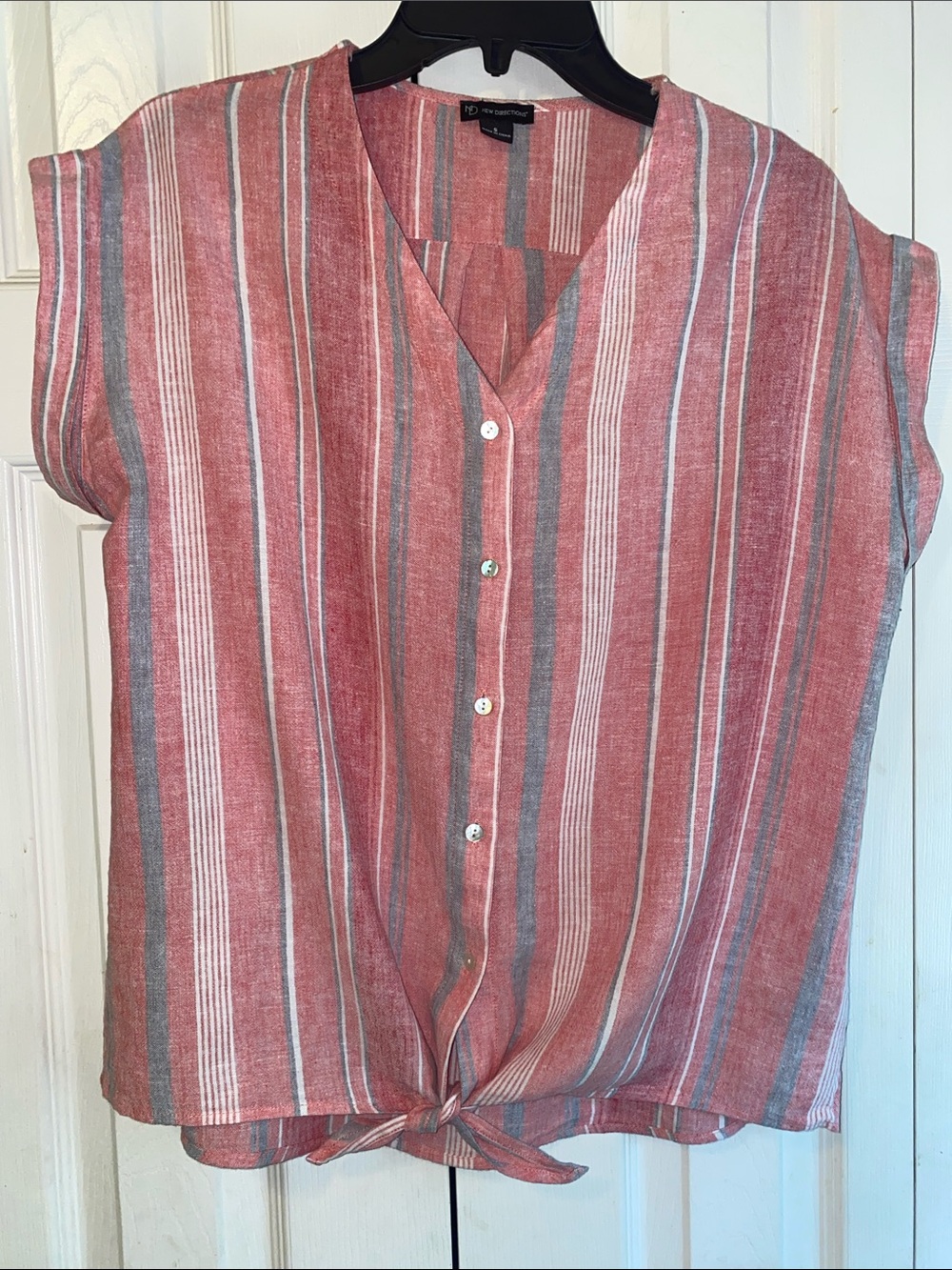 new directions Coral, Gray and White Striped Tie-Front Button Top- Linen Blend